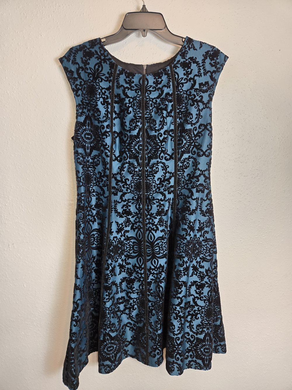 Danny & Nicole Blue and Black Flocked Cap-Sleeve Dress